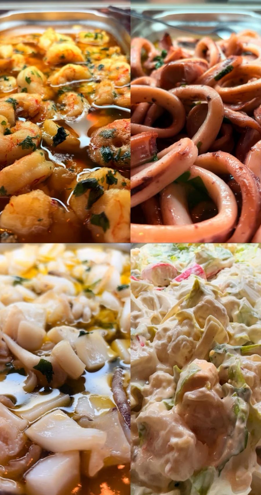 Gambas al ajillo, calamares, sepia y ensaladilla de marisco